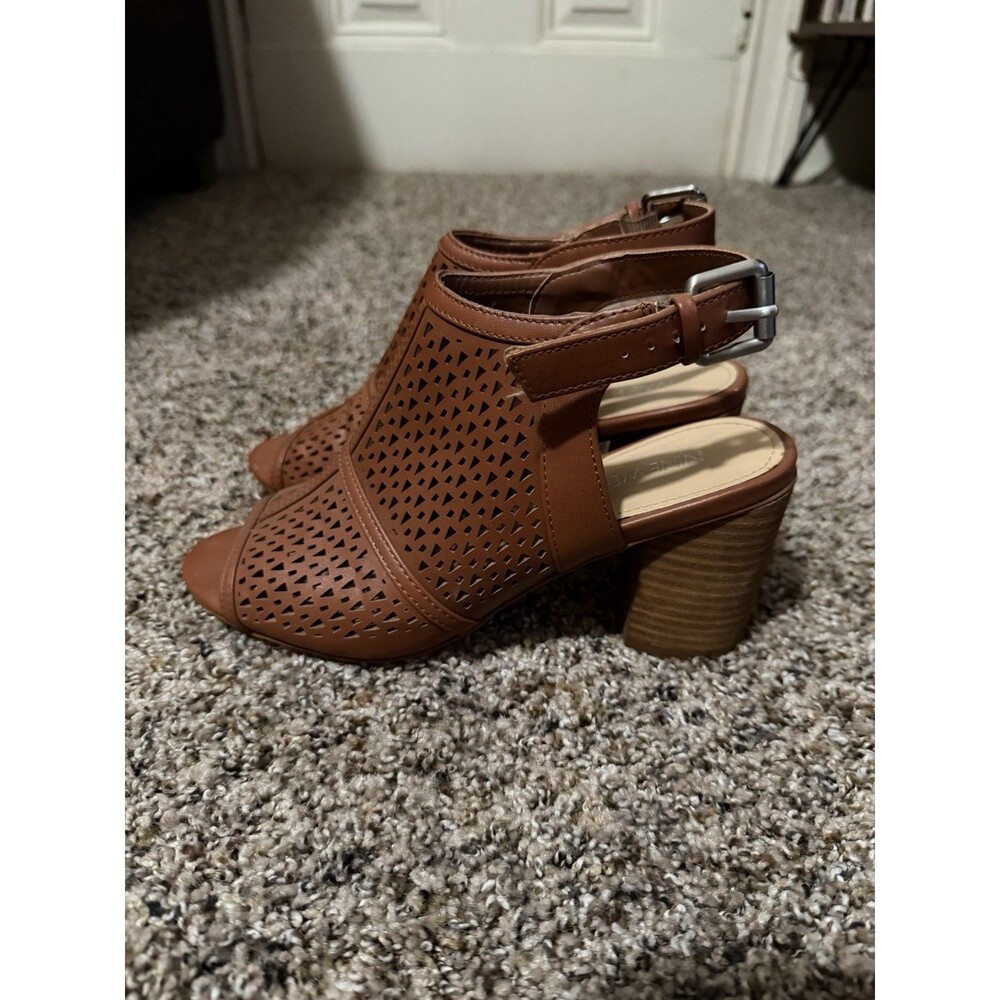 Nine West Brown Perforated Slingback Block Heel Sandals Size 7.5